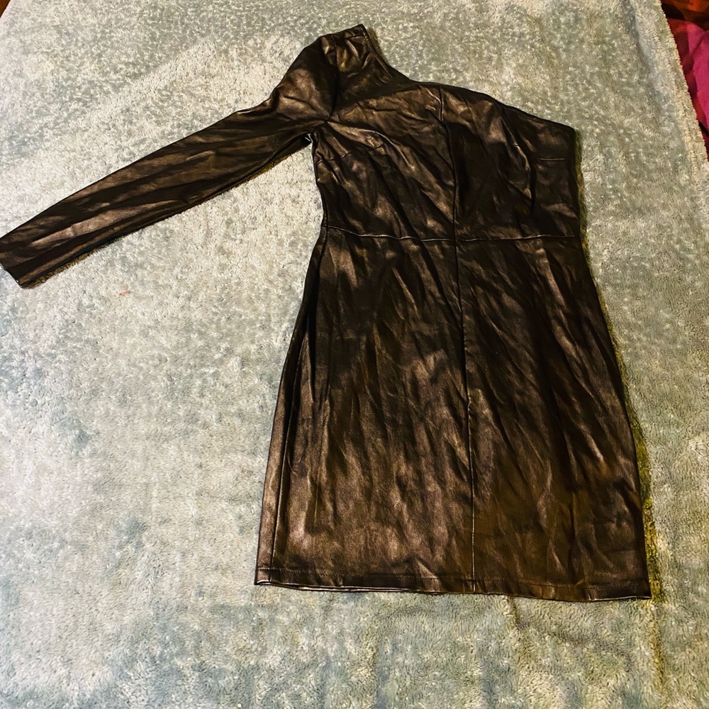LBD asymmetrical one Aleve black leather-like dress